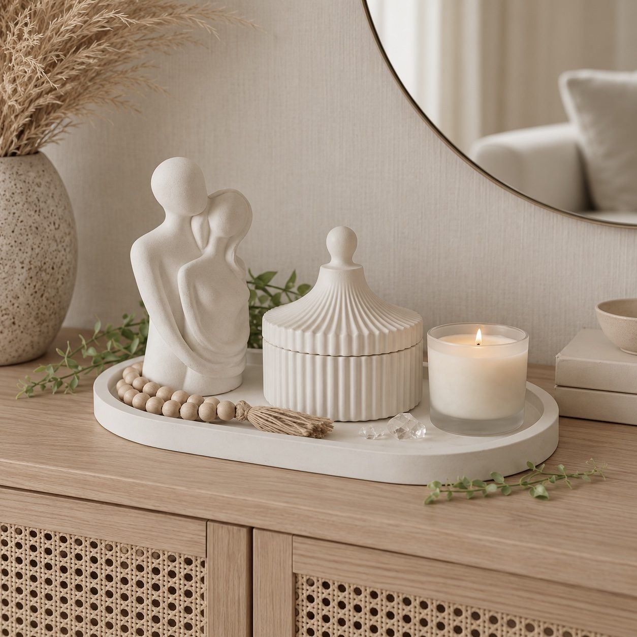 Sculptural decor objects on a console