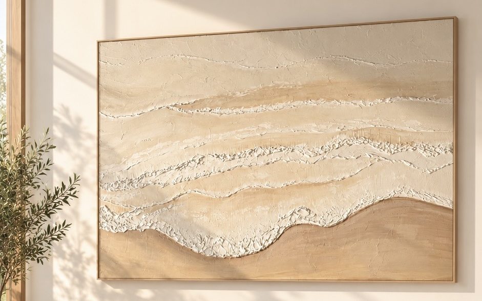 Handcrafted textured wave plaster wall art above a sofa