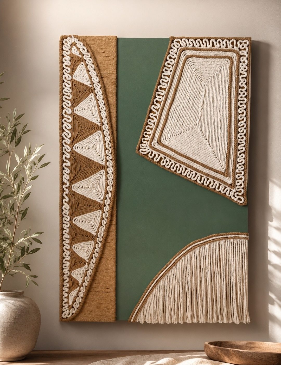 Jute and green woven mixed media relief